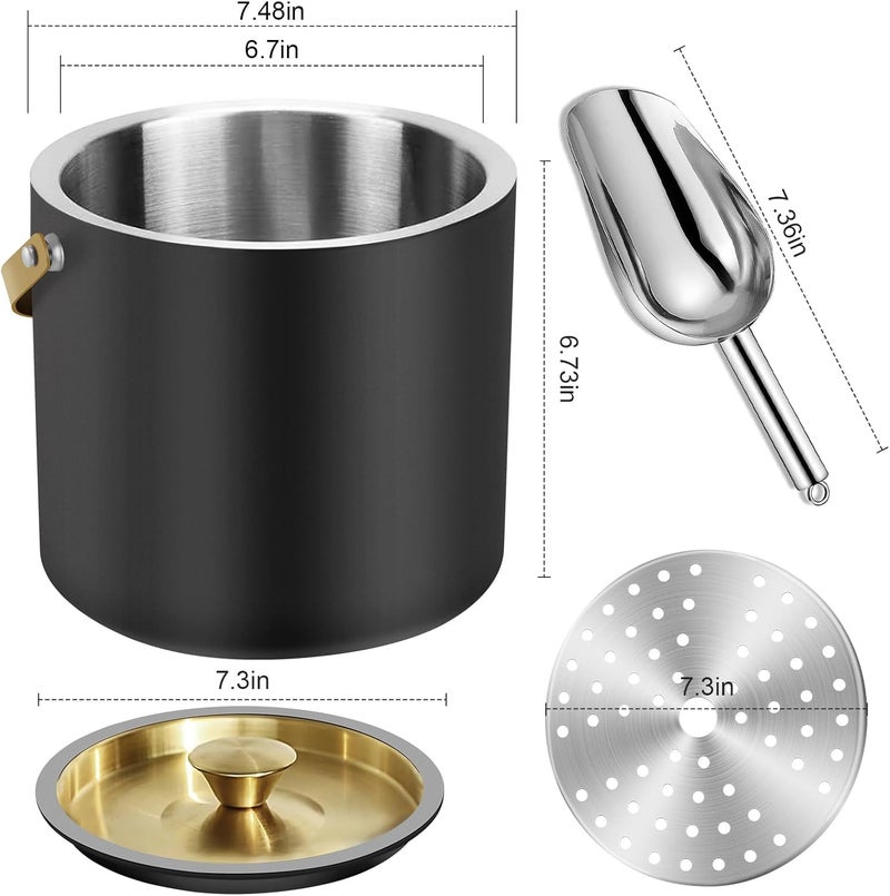 iHoo 3.2L/3.4QT Modern Insulated Ice Bucket with Silicone Lid, Scoop, Strainer, Double Wall Stainless Steel Ice Bucket for Parties & Cocktail Bar,Ideal for Gift(Black) - Image 5